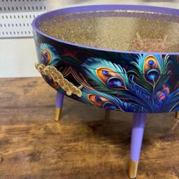 Round Coffee Table , Peacock, Blue, Teal & Turquoise Feathers. Lilac Purple Gold Glitter . Table, Storage, End Lounge - thumbnail 3