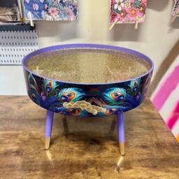 Round Coffee Table , Peacock, Blue, Teal & Turquoise Feathers. Lilac Purple Gold Glitter . Table, Storage, End Lounge
