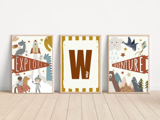 Set Of 3 Adventure & Explore Prints With A Personalised Initial Print. Perfect For Nursery, Bedroom Or Playroom - Prints Only - image 1
