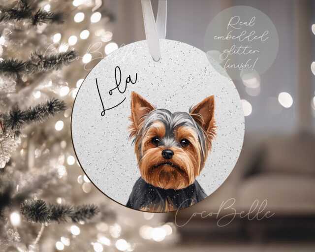 Personalised Yorkshire Terrier Bauble, Digital Illustration Yorkie Dog Real Glitter Name Christmas Pet Gift Ideas Lover Owner - image 1