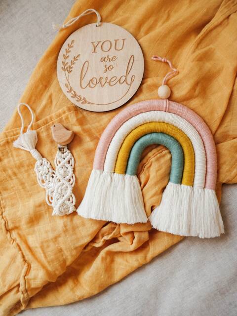 Neutral Macrame Rainbow Wall Hanging Boho Nursery Decor, New Baby Gift - image 1