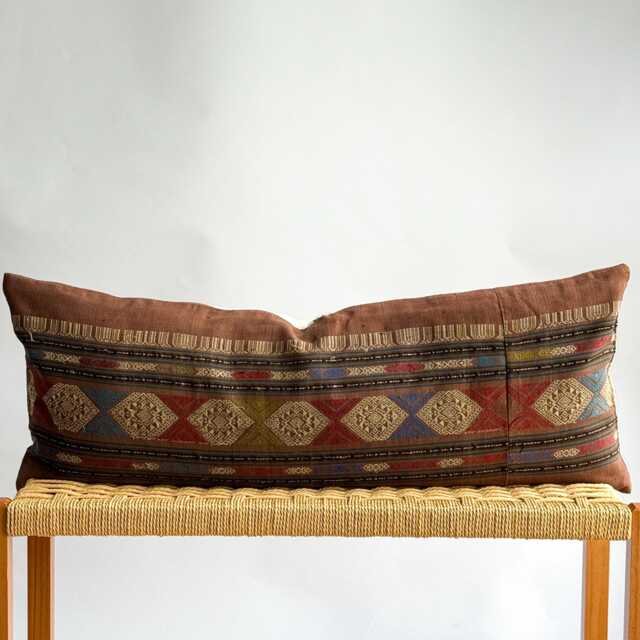 Vintage Hmong Hemp Pillow Handwoven Tribal Textile, Brown & Navy Batik - image 1