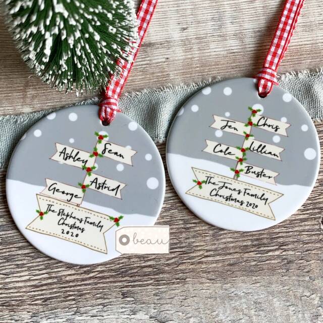 Personalised Christmas Family Names Signpost Design Nordic Style Ceramic Acrylic Round Or Star Ornament Keepsake - image 1