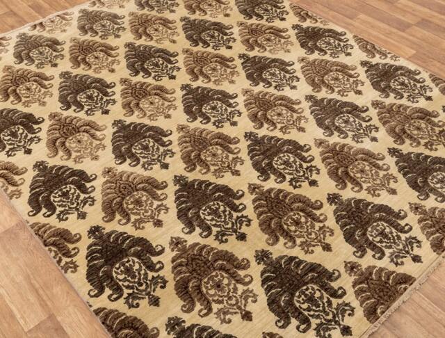 8x10 Cream Brown Modern Damask Design Handmade Wool Rug #2059 - 242x300 cms. Free Shipping - image 1