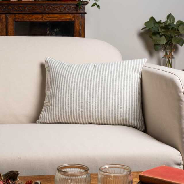Woven Ticking Stripe Boudoir Cushion Cover in Dove Grey. Nautical Stripes, Modern Design. 17x12 - image 1