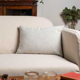 Woven Ticking Stripe Boudoir Cushion Cover in Dove Grey. Nautical Stripes, Modern Design. 17x12