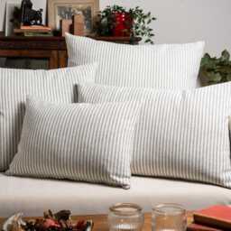 Woven Ticking Stripe Boudoir Cushion Cover in Dove Grey. Nautical Stripes, Modern Design. 17x12 - thumbnail 3