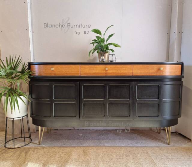 Mid Century Luxury Sideboard Nathan - Curved Teak Black Gold Hairpin Legs Walnut Drawers - image 1