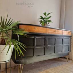 Mid Century Luxury Sideboard Nathan - Curved Teak Black Gold Hairpin Legs Walnut Drawers - thumbnail 3