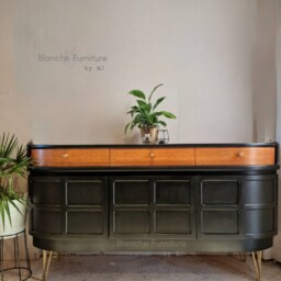 Mid Century Luxury Sideboard Nathan - Curved Teak Black Gold Hairpin Legs Walnut Drawers - thumbnail 2