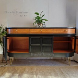 Mid Century Luxury Sideboard Nathan - Curved Teak Black Gold Hairpin Legs Walnut Drawers - thumbnail 4