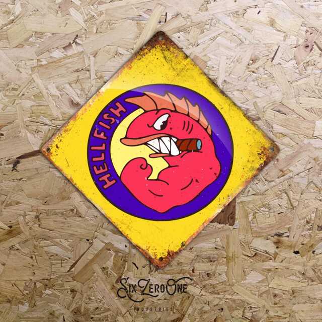 Hellfish Diamond Shaped Metal Sign - Vintage Worn Rusty Look Print Abe Simpson Tattoo War Grandad - image 1