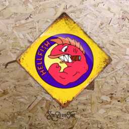 Hellfish Diamond Shaped Metal Sign - Vintage Worn Rusty Look Print Abe Simpson Tattoo War Grandad - thumbnail 1