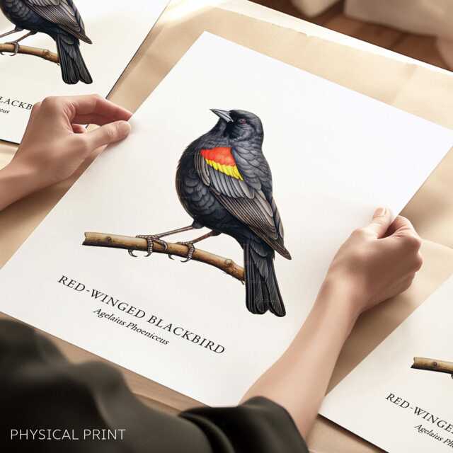 Red Winged Black Bird, Art Print, Bird Prints, Garden Birds, Lover Gift, Watching, Illustration, Wall Decor - image 1