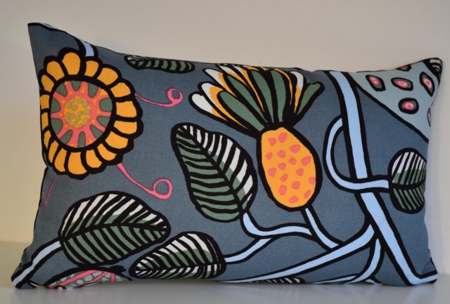 "Marimekko Linen Pillow Cover Handmade Bolster Pillow, Grey Pink Green Blue 12""x20" - image 1