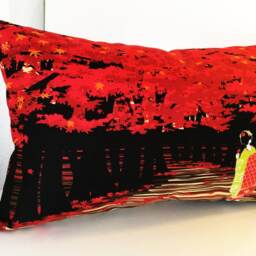 Kimono Girl Throw Pillow, Japanese Geisha Pillow Case, Maple Tree Bedding Cover, Momiji Decorative Japanese Tenugui - thumbnail 3