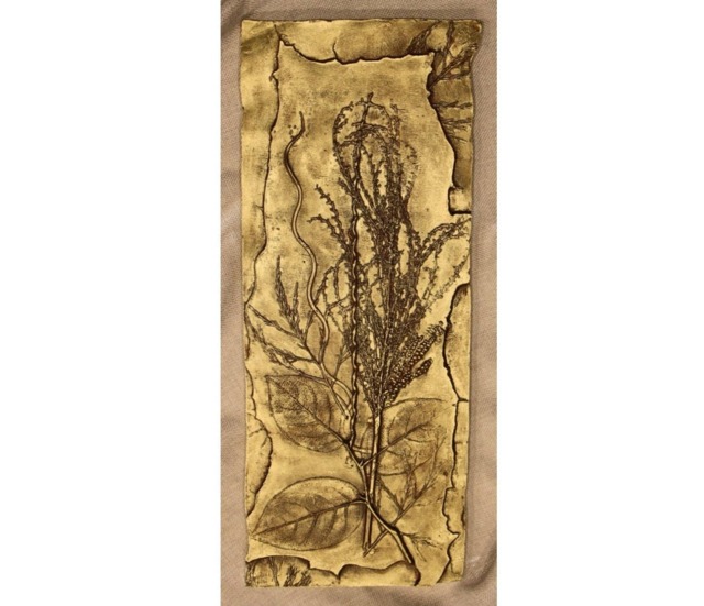 Bas Relief Wall Sculpture Autumn Grasses & Ferns Original Art Piece Unique Home Decor Office Nature Enthusiast Gift Idea Gold Tile - image 1