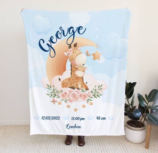 Custom New Baby Blanket, Newborn Boy Gift, Personalised Announcement, Name Print Giraffe Blanket - image 1