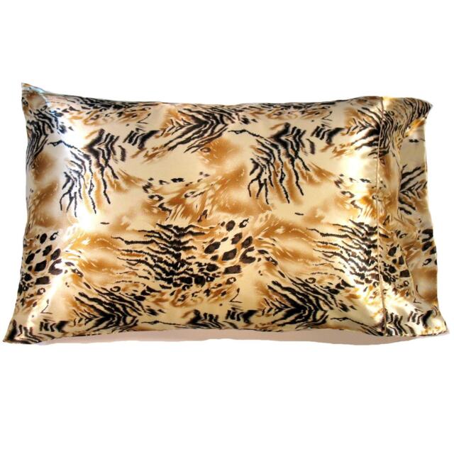 Bed Pillow Cases. Gold, Tan & Black Serengeti Print. Charmeuse Satin. Washable. Dryer Safe