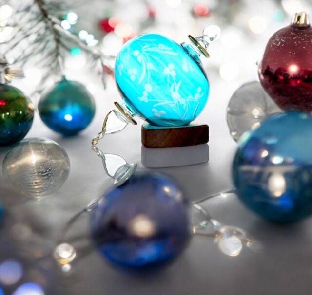 Blown Glass Christmas Ornament - Turquoise Hanging Ball, Engraved - image 1