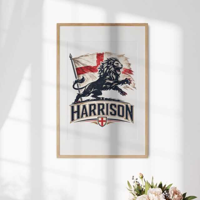 Lion Personalised Name England Flag Wall Art Poster Football Supporter Decor St Georges Cross Sports Present Fan Custom Bedroom Gift Print - image 1