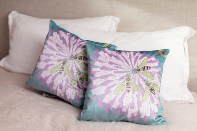 Bees On Flower Cushion - Handmade Digitally Printed Luxurious Shimmer Velvet Cushion, Decorative Pillow Cover, Living Room Decor - image 1