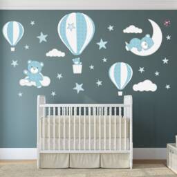 Teddy Bear Decal, Hot Air Balloon Wall Stickers, Stars Clouds & Moon, Teal Grey White, Baby Boys Nursery Room Decor, Toddler Gift - thumbnail 1