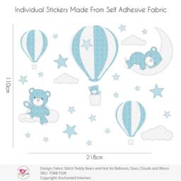 Teddy Bear Decal, Hot Air Balloon Wall Stickers, Stars Clouds & Moon, Teal Grey White, Baby Boys Nursery Room Decor, Toddler Gift - thumbnail 2