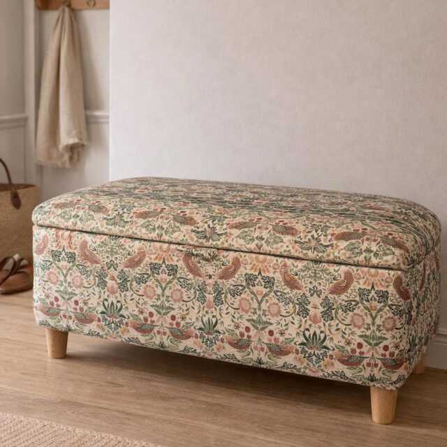 Storage Bench in William Morris Strawberry Thief Handmade Ottoman With Wooden Legs - image 1