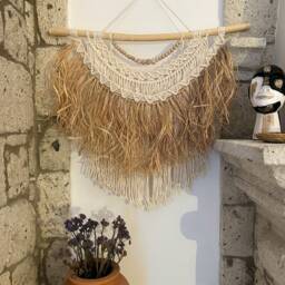 Raffia Macrame Wall Hanging, Decor With Beaded, African Style Fringed Art, Bohemian Home - thumbnail 4
