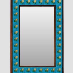 Handmade Blue Pottery Tile Mirror Turquoise Yellow Floral Ceramic Wall Art - thumbnail 2