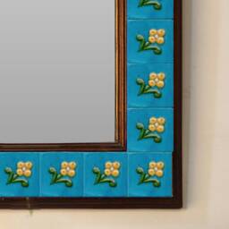 Handmade Blue Pottery Tile Mirror Turquoise Yellow Floral Ceramic Wall Art - thumbnail 3