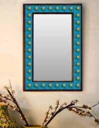 Handmade Blue Pottery Tile Mirror Turquoise Yellow Floral Ceramic Wall Art