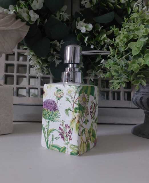 Lovely Thistle & Wildflower Floral Decoupaged Ceramic Soap Dispenser. Matching Items Available - image 1