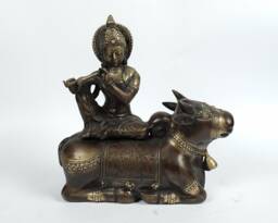 Krishna Playing Flute With Bronze Statue, 9.7 Inch Figurine, God Of Love, Cow, Hindu God, Brassart, Livingroom Decor, Memorial Gift