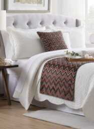 King/Queen Twin Grey Bed Runner With Decorative Throw Pillow Cover, Velvet Bead Embroidery, Modern Contemporary - Blushed Chevron