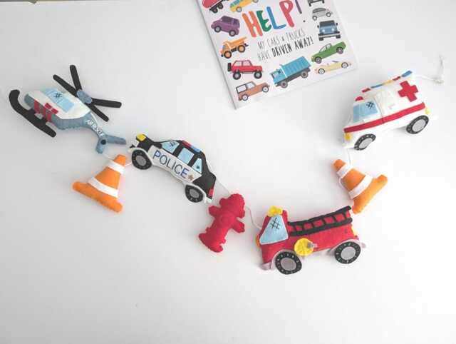 Felt Rescue Vehicle Garland, Felt Car Bunting, Boys Decor, Room Police Car, Fire Engine, Helicopter - image 1