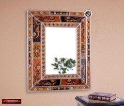 "Hand Crafted Reverse Painted Glass Wood Rectangular Wall Mirror Decor, ""Fall"