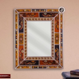 "Hand Crafted Reverse Painted Glass Wood Rectangular Wall Mirror Decor, ""Fall" - thumbnail 2