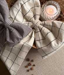 Supersized Bow Beige Check Decor, Farmhouse-style Neutral Nursery Wall Hanging, Padded Linen Ornament, Handmade UK - thumbnail 1
