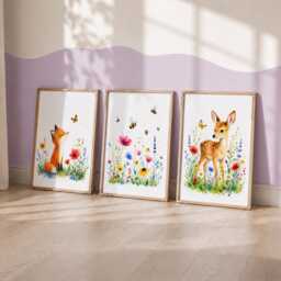Nursery Fox & Deer Prints - Set Of 3 Woodland Themed Room Wall Art, Forest Playroom - thumbnail 3