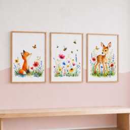 Nursery Fox & Deer Prints - Set Of 3 Woodland Themed Room Wall Art, Forest Playroom