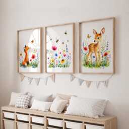 Nursery Fox & Deer Prints - Set Of 3 Woodland Themed Room Wall Art, Forest Playroom - thumbnail 2