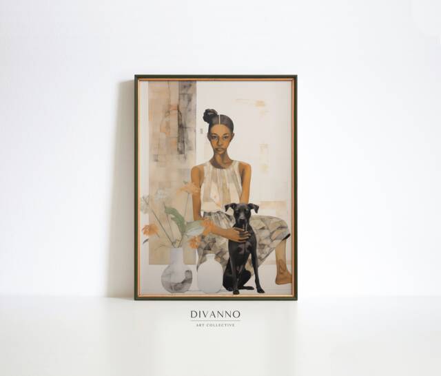 Woman With Dog Print, Abstract Painting, Neutral Wall Art, Contemporary Canvas, Digital Art Retro Girl Pet Decor - image 1