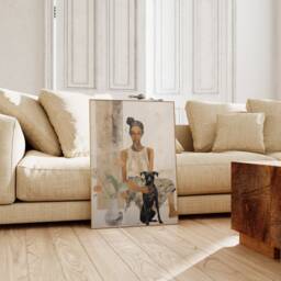 Woman With Dog Print, Abstract Painting, Neutral Wall Art, Contemporary Canvas, Digital Art Retro Girl Pet Decor - thumbnail 3