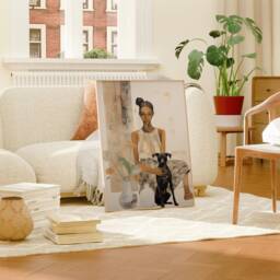 Woman With Dog Print, Abstract Painting, Neutral Wall Art, Contemporary Canvas, Digital Art Retro Girl Pet Decor - thumbnail 2