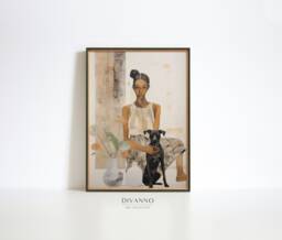 Woman With Dog Print, Abstract Painting, Neutral Wall Art, Contemporary Canvas, Digital Art Retro Girl Pet Decor - thumbnail 1
