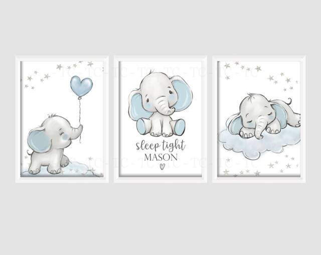 Baby Elephant Boys A4 Or A3 Nursery Set Of Unframed Prints Grey Blue Animal Cloud Stars Balloon Sleep Tight