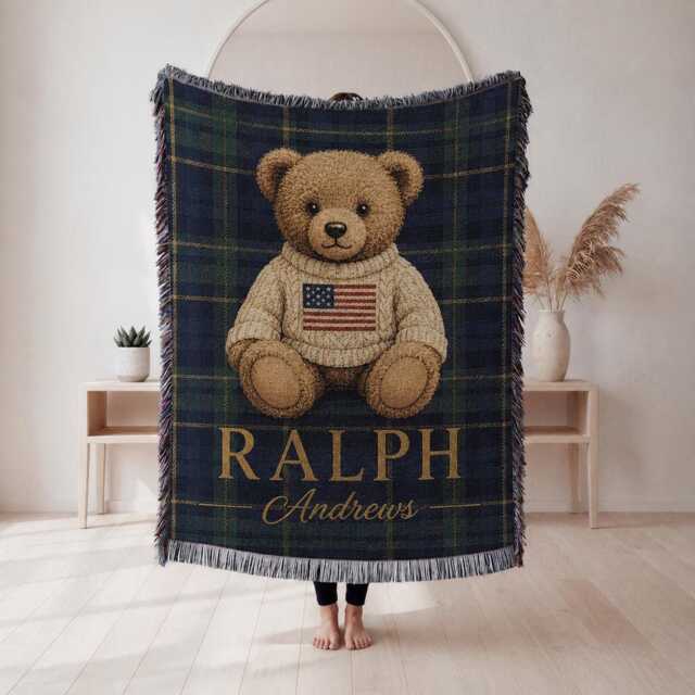 Personalized Baby Woven Blanket, Custom Name Teddy Bear Nursery Throw Shower Gift - image 1