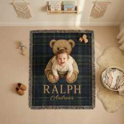 Personalized Baby Woven Blanket, Custom Name Teddy Bear Nursery Throw Shower Gift - thumbnail 2
